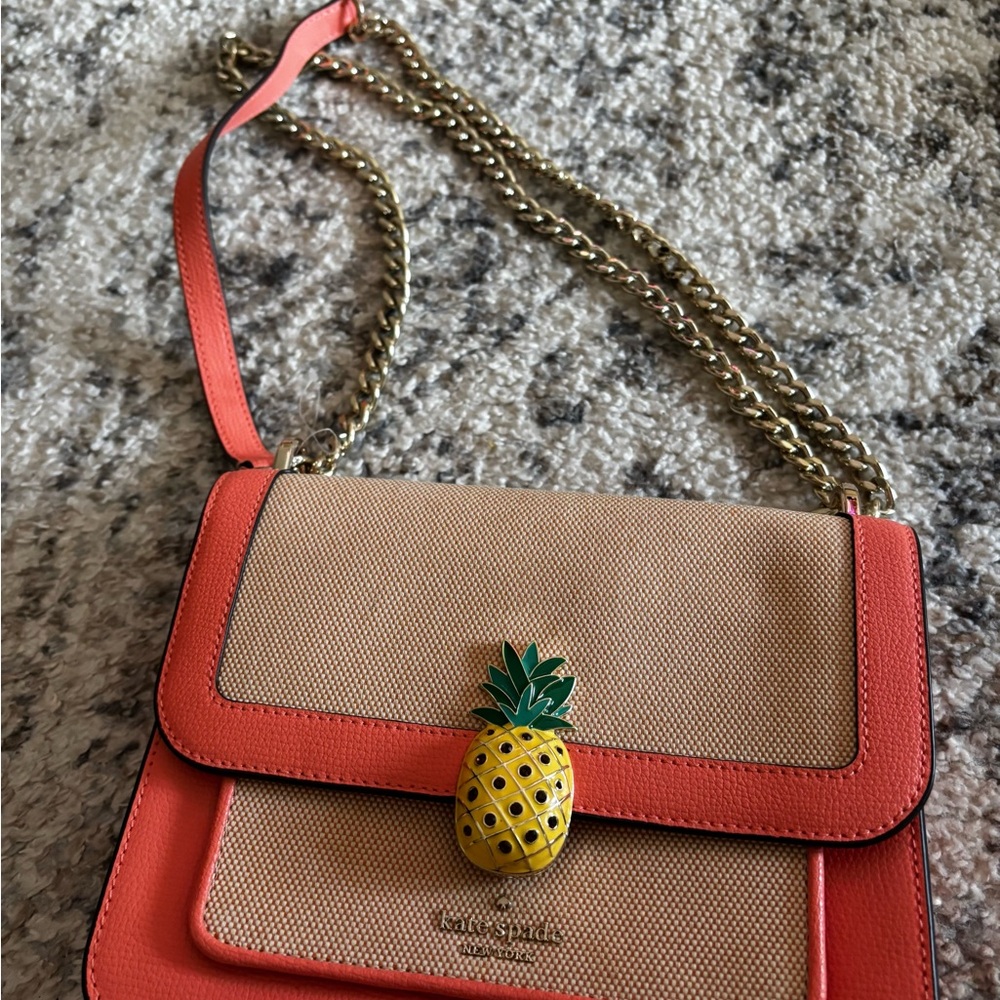 Kate Spade Pink and Tan Crossbody Bag with Pineapple Charm